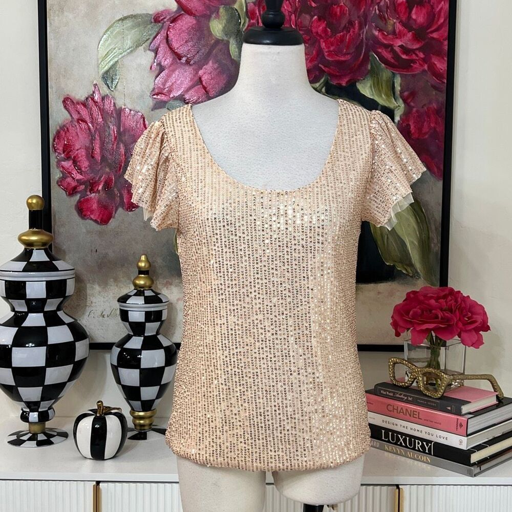 Traleubie Women's Sequined Flutter Short Sleeve Blouse Apricot Size Small NWT
